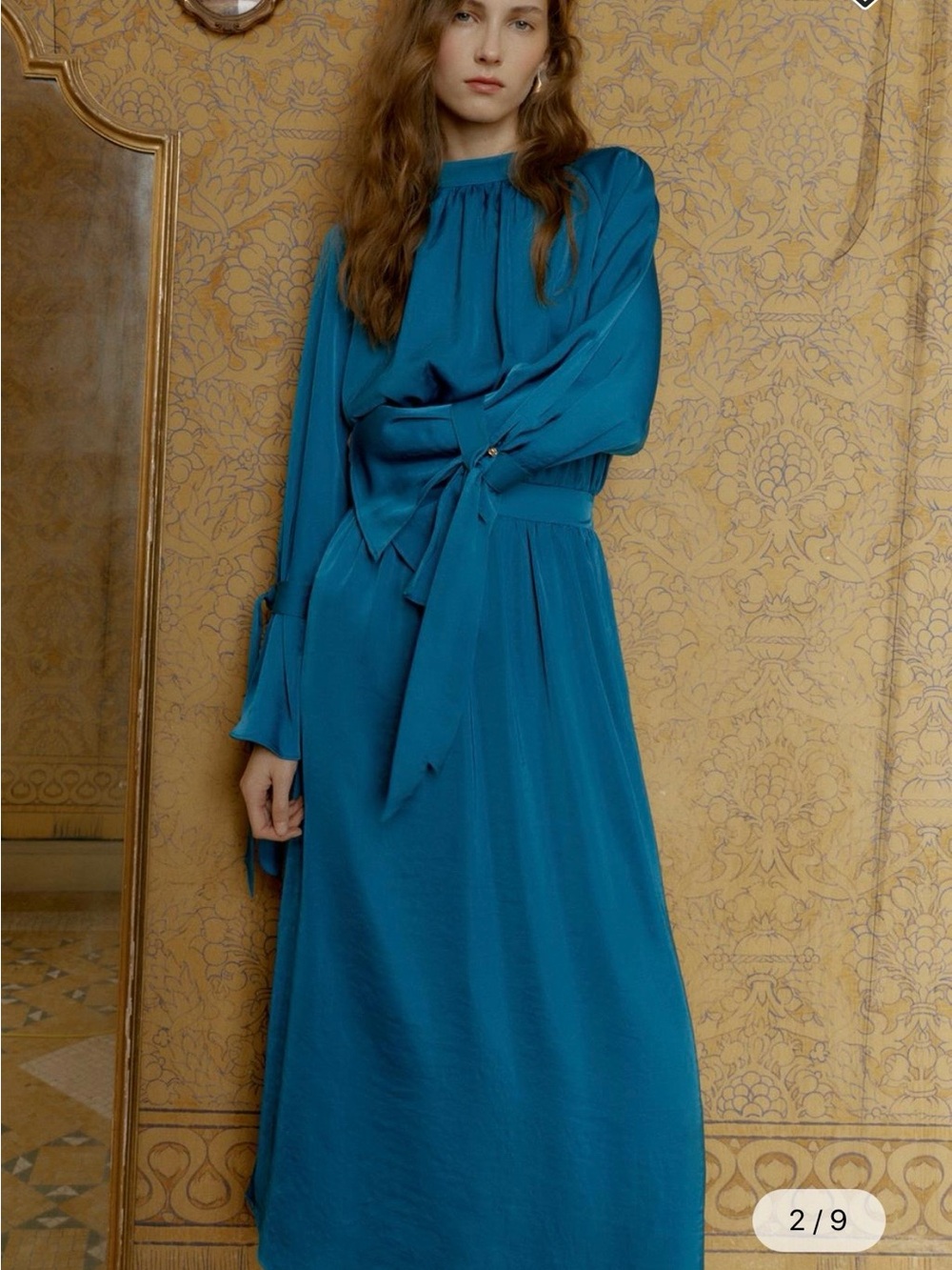 Zara Teal Long-Sleeve Satin-Look Maxi Dress with Waist Tie